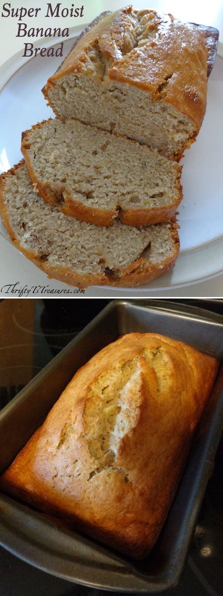collage of pictures - banana bread on a plate with two slices cut and loaf of cooked banana bread in bread pan