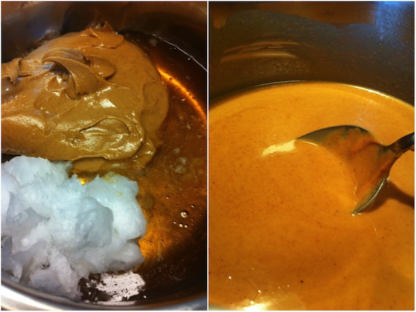 honey peanut butter and coconut oil melting in a pan