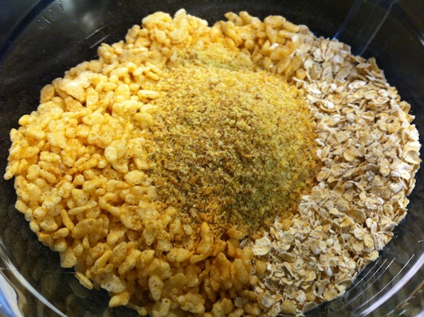 oatmeal Rice Krispies and flax seed in a pan