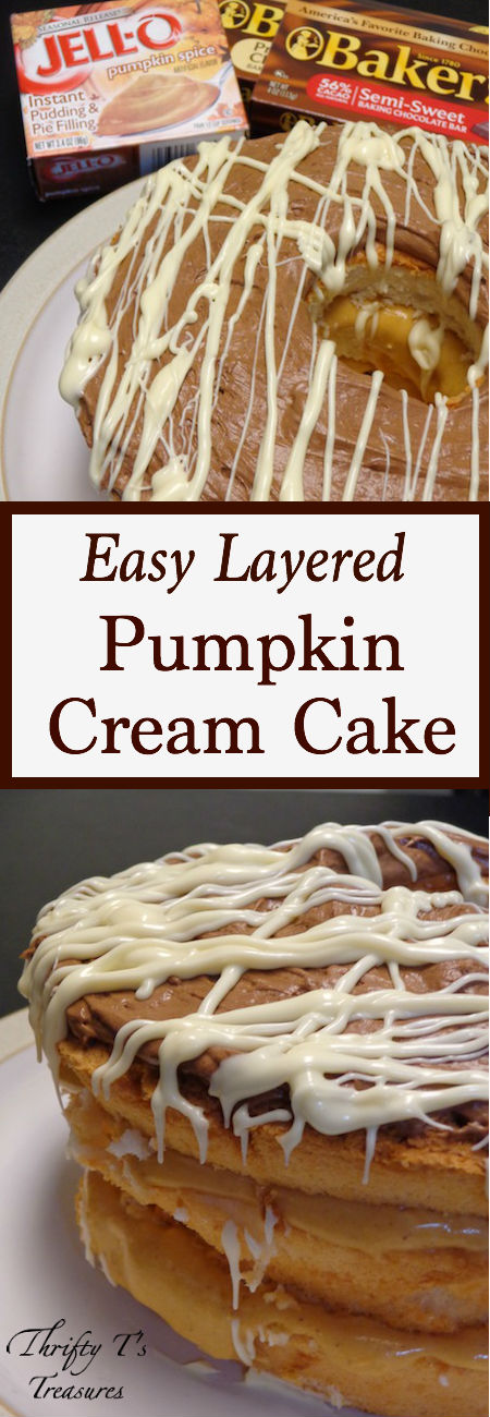 Add this Easy Layered Pumpkin Cream Cake to your pumpkin recipes and Thanksgiving recipes. I love easy desserts and it'll have you in and out of the kitchen in a flash!