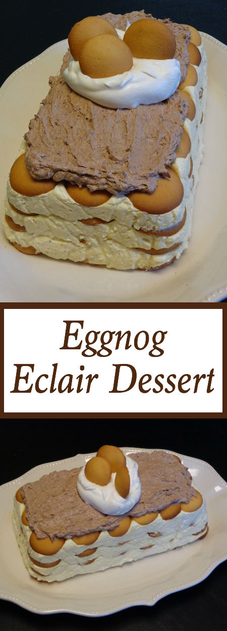 Put down the cookies and cupcakes and grab this Eggnog Eclair Dessert. It's made its way into my heart and onto my easy desserts recipes! Creamy eggnoggy pudding layered with vanilla wafers and topped with creamy chocolate...yes please!