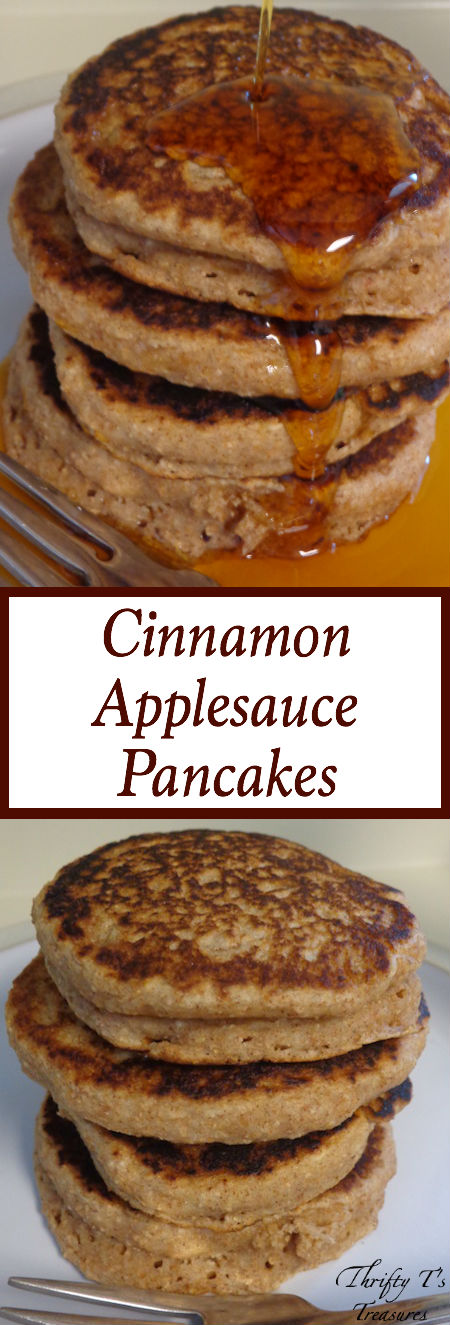 two stacks of cinnamon applesauce pancakes, one drizzled with maple syrup