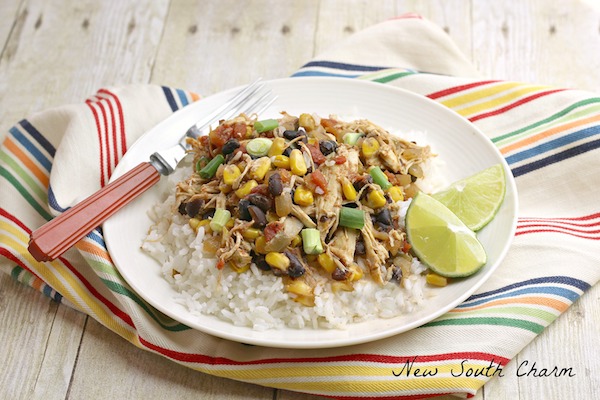 bowl of southwest chicken over rice