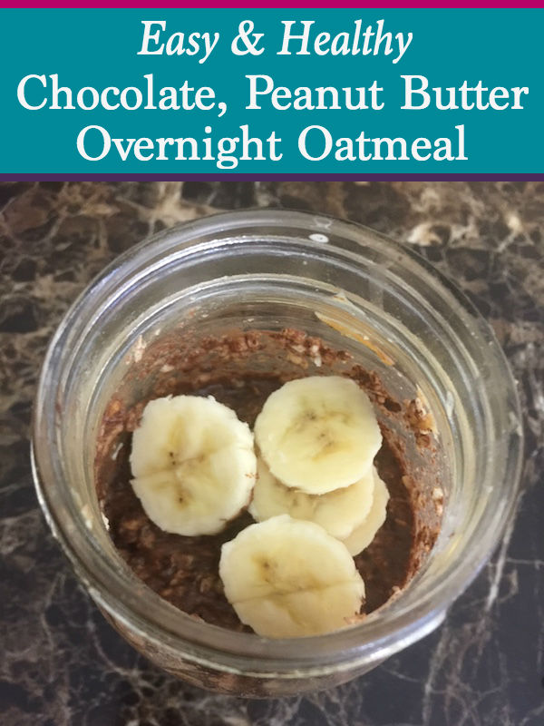 chocolate peanut butter overnight oats in a mason jar topped with banana