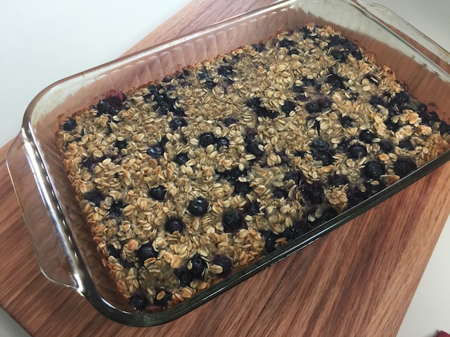 pan of blueberry baked oatmeal